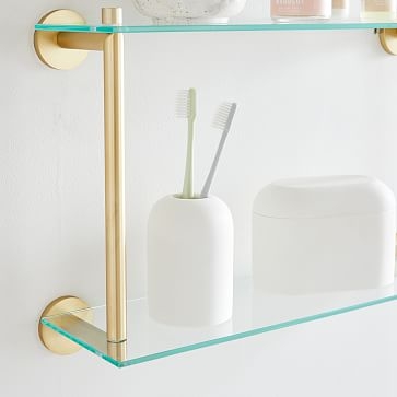 Modern Overhang Glass Bath Shelf, Double, Antique Brass, Metal, 18" Wide - Image 1