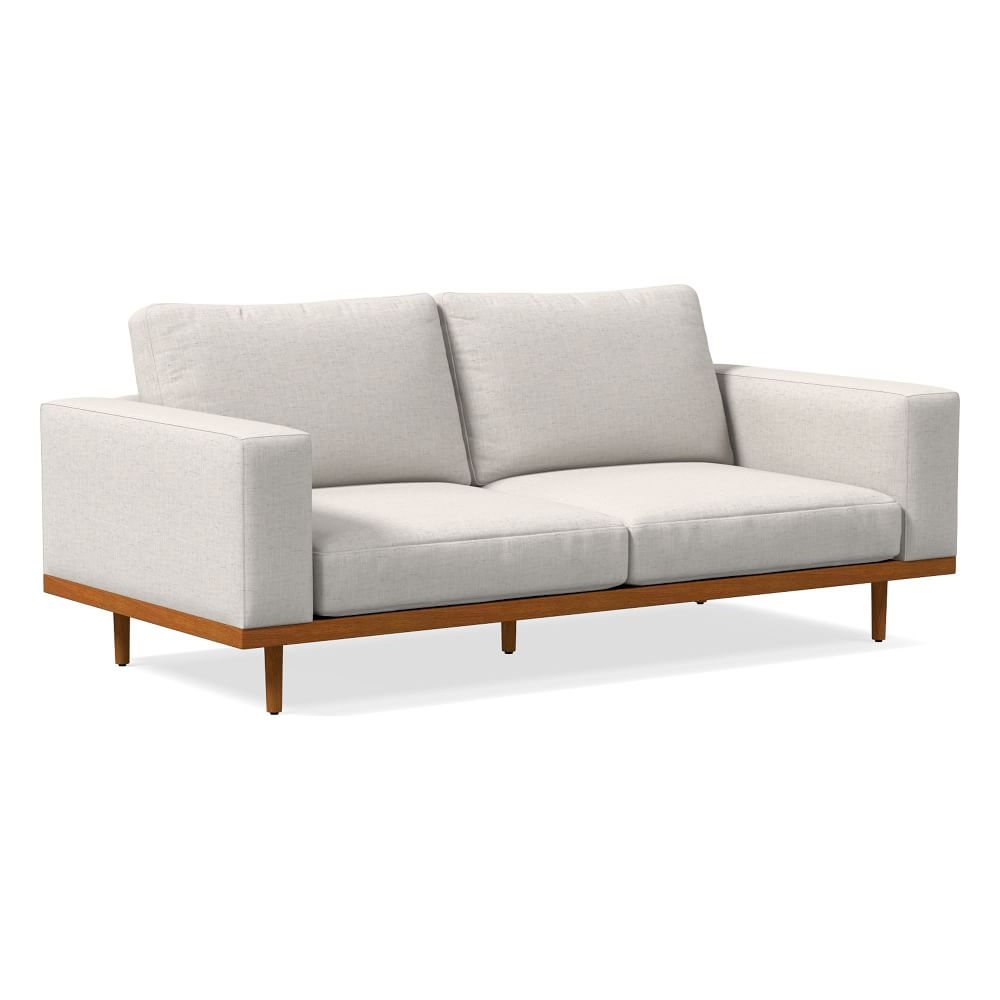 Newport 84" Box Cushion Sofa, Performance Coastal Linen, White, Pecan - Image 0