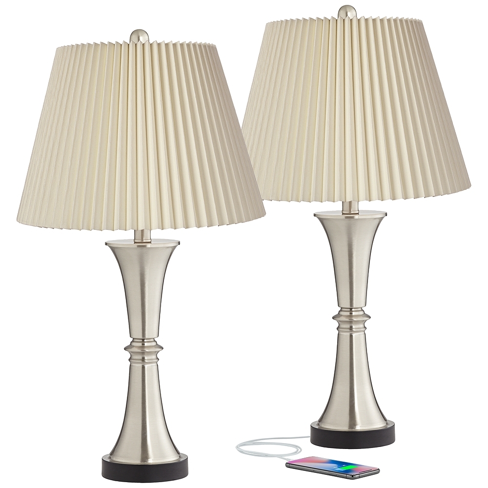 360 Lighting Seymore Ivory Shade LED USB Touch Table Lamps Set of 2 - Image 0