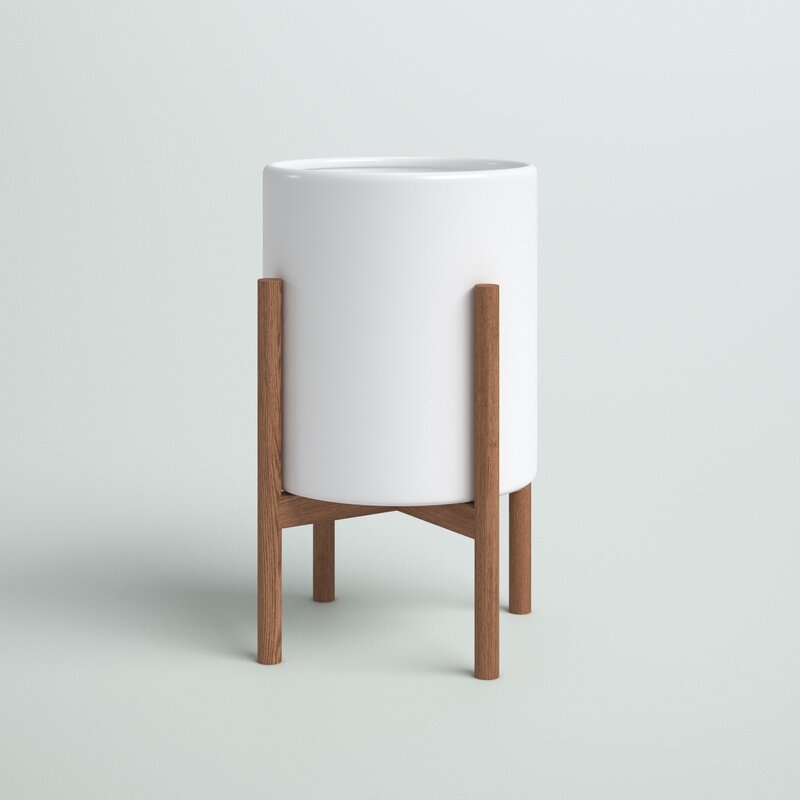 Delorme Ceramic Pot Planter, White & Chestnut - Image 0