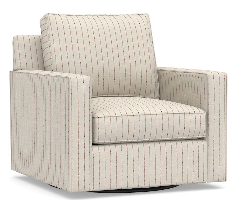 Cameron Square Arm Upholstered Swivel Armchair, Polyester Wrapped Cushions, Slubby Pinstripe Red - Image 0