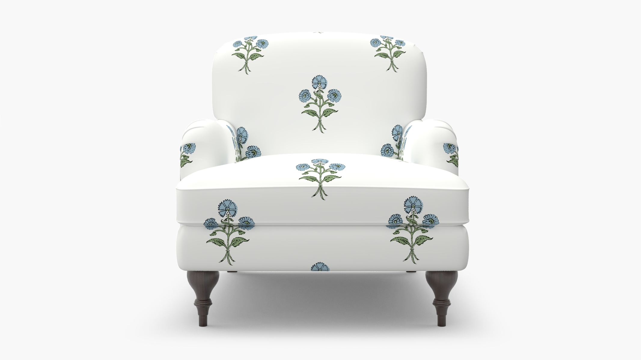 English Roll Arm Chair, Blue Delphine, Espresso Turned Wood Leg - Image 0