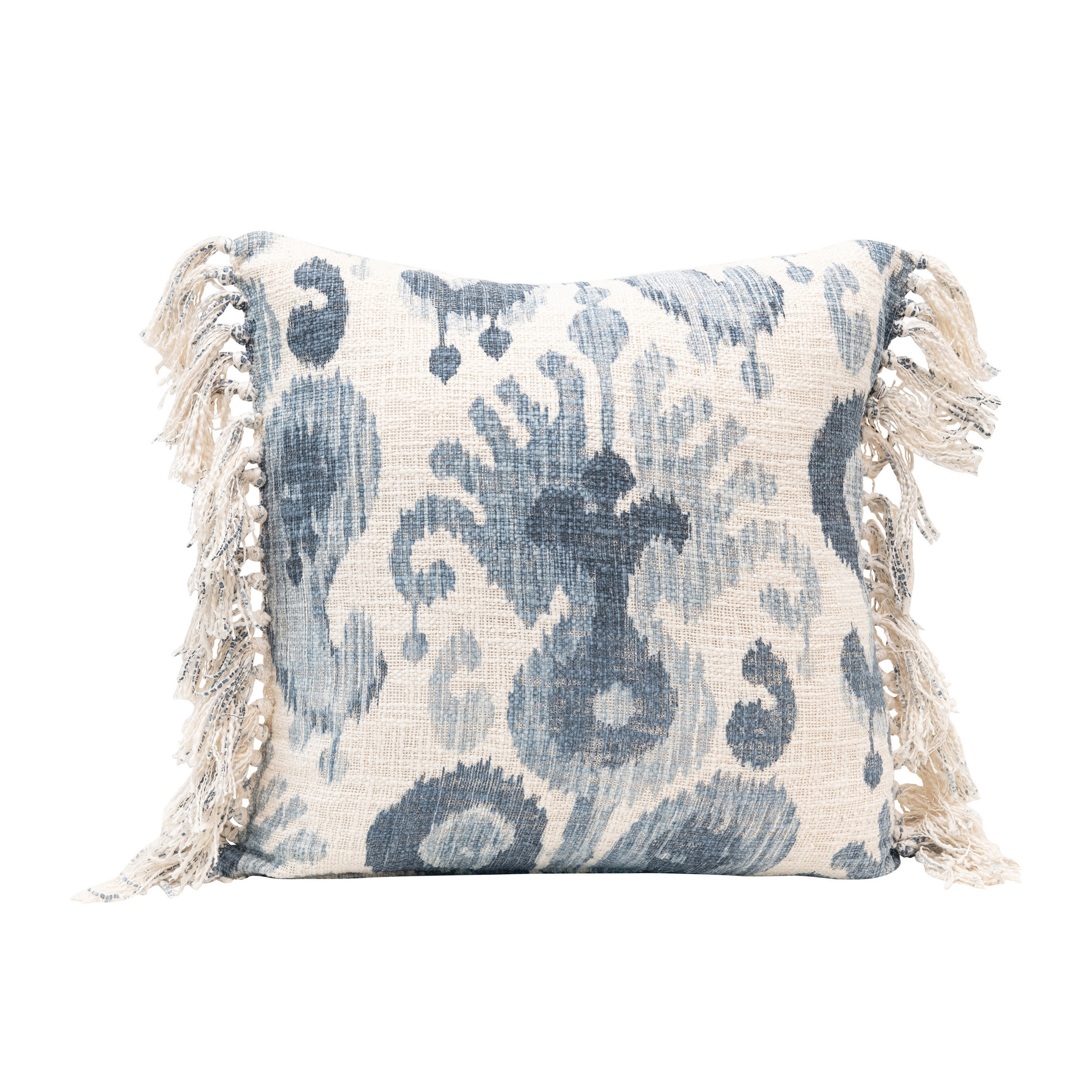 Stonewashed Woven Cotton Blend Pillow with Ikat Pattern & Tassels, Blue & Cream Color - Image 0