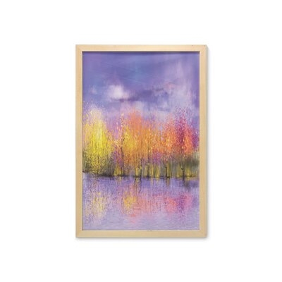Ambesonne Autumn Wall Art With Frame, Seasonal Landscape Paint With Shady Fall Trees By River Pastel Art Print, Printed Fabric Poster For Bathroom Living Room Dorms, 23" X 35", Lavender Yellow - Image 0