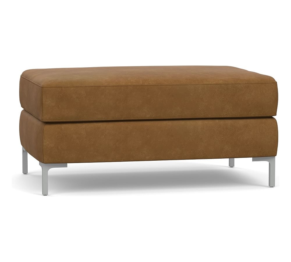 Jake Leather Ottoman with Brushed Nickel Legs, Polyester Wrapped Cushions, Nubuck Camel - Image 0
