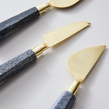 Metal & Marble Cheese Knives, Polished Brass, Set of 3 - Image 1