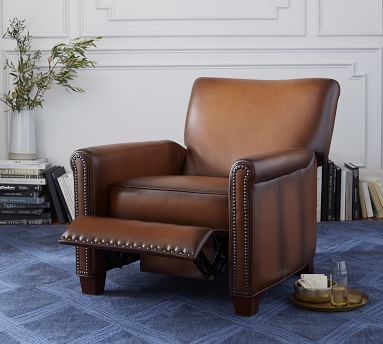 Irving Roll Arm Leather Recliner with Nailheads, Polyester Wrapped Cushions Churchfield Camel - Image 3