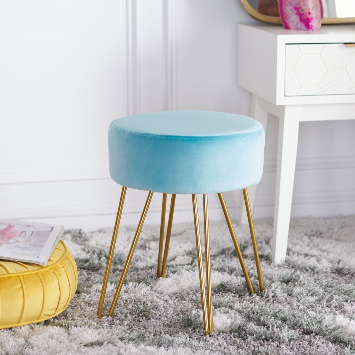 Abrea Round Ottoman - Aqua / Gold - Safavieh - Image 1