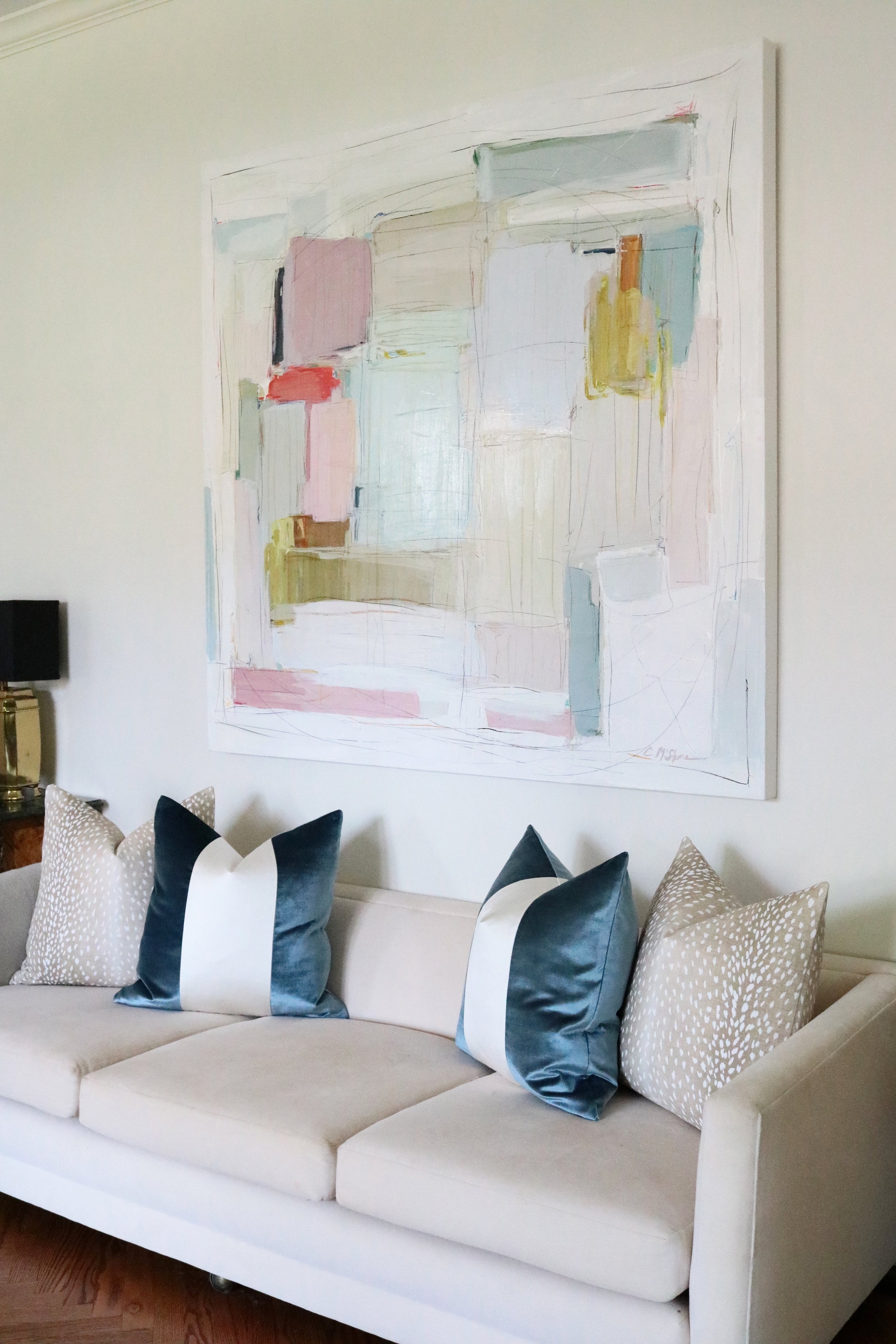 PANEL COLORBLOCK :: FAUX SILK VELVET // CERULEAN BLUE + ALABASTER SILK - 14" X 36" - Image 4