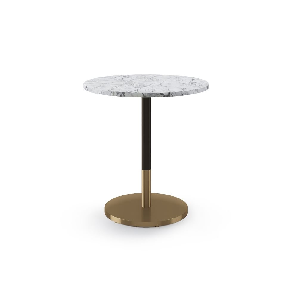 Restaurant Table, Top 30" Round, White Faux Marble, Dining Ht Orbit Base, Bronze/Brass - Image 0