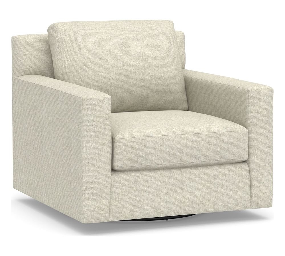 York Square Arm Upholstered Swivel Armchair, Down Blend Wrapped Cushions, Performance Heathered Basketweave Alabaster White - Image 0