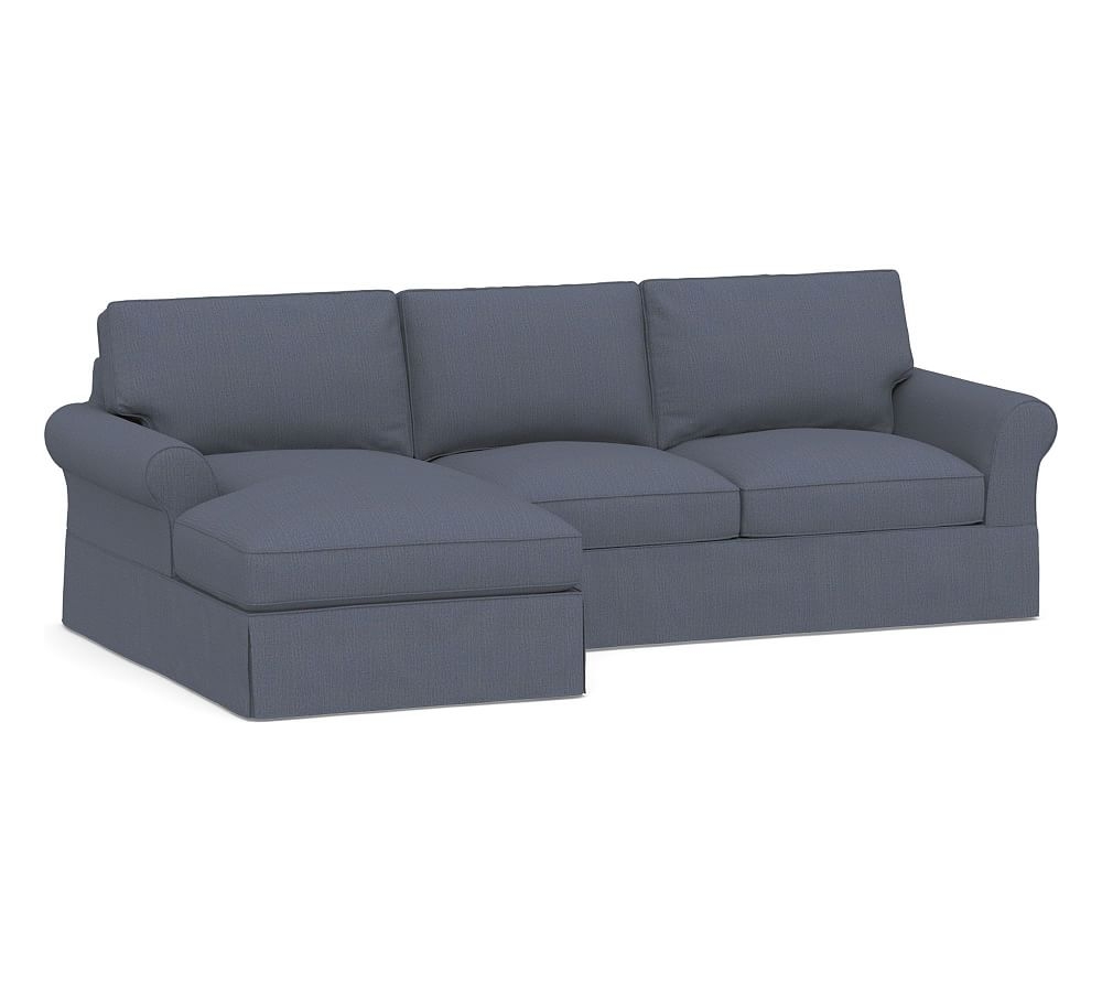PB Comfort Roll Arm Slipcovered Right Arm Loveseat with Chaise Sectional, Box Edge, Down Blend Wrapped Cushions, Sunbrella(R) Performance Boss Herringbone Indigo - Image 0