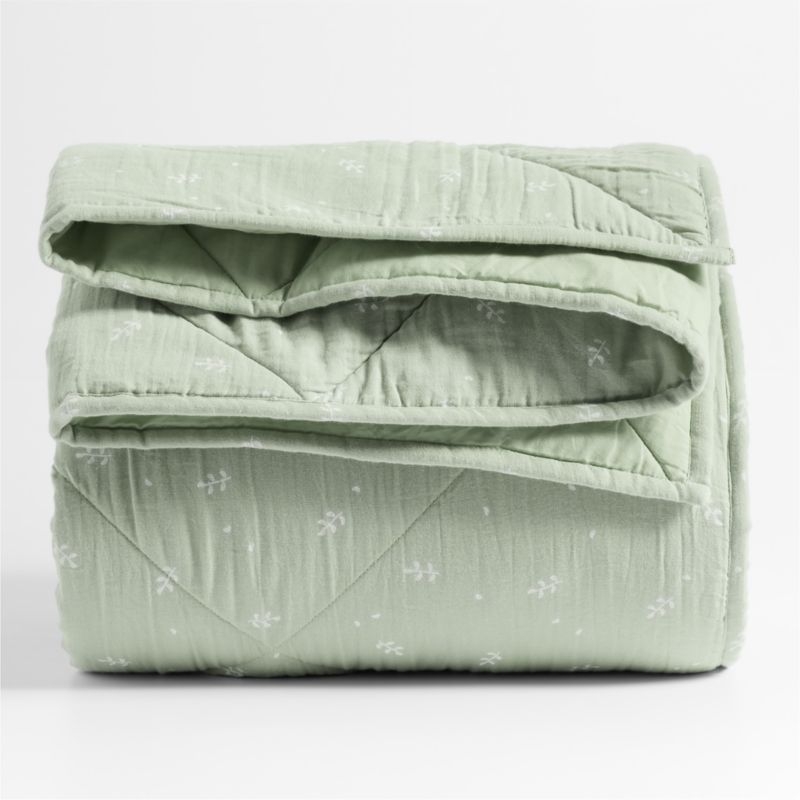 Supersoft Muted Teal Leaf Print Organic Cotton Gauze Kids Twin Quilt - Image 2