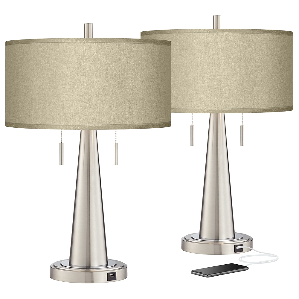 Possini Euro Vicki 23" Taupe Faux Silk and Nickel USB Lamps Set of 2 - Image 0