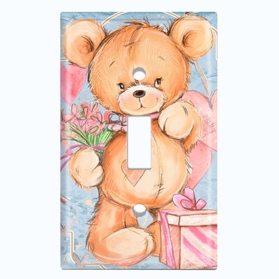 Metal Light Switch Plate Outlet Cover (Teddy Bear Love Hearts Present Flowers Blue - Single Toggle) - Image 0