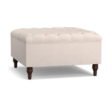 Lorraine Upholstered Tufted Square Storage Ottoman, Chenille Basketweave Pebble - Image 1