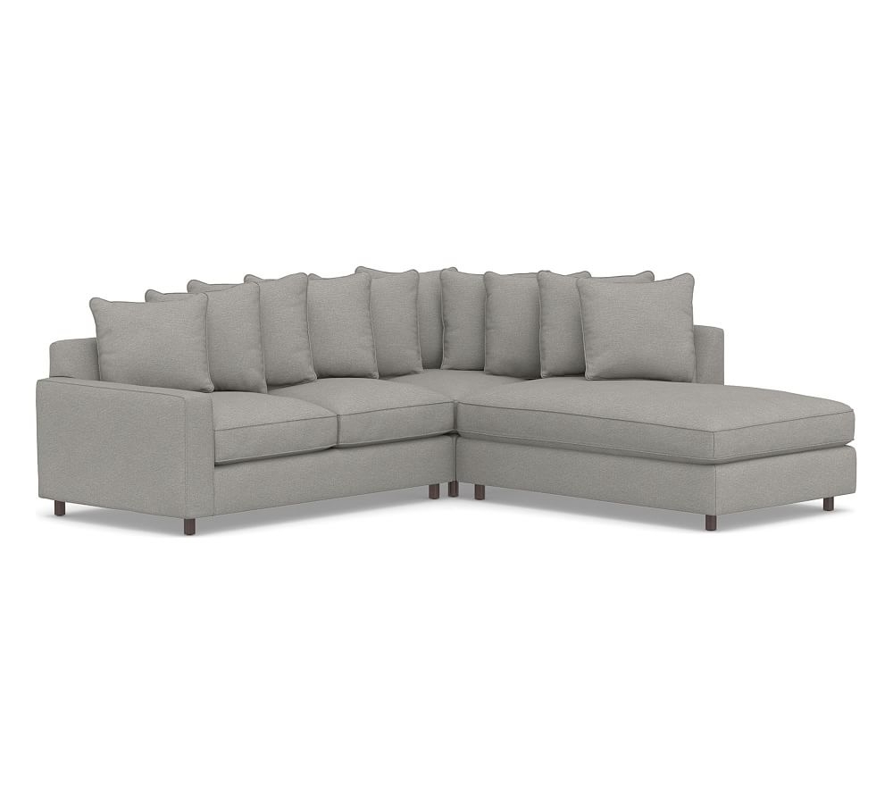 PB Comfort Square Arm Upholstered Left 3-Piece Bumper Sectional, Box Edge, Down Blend Wrapped Cushions, Performance Heathered Basketweave Platinum - Image 0