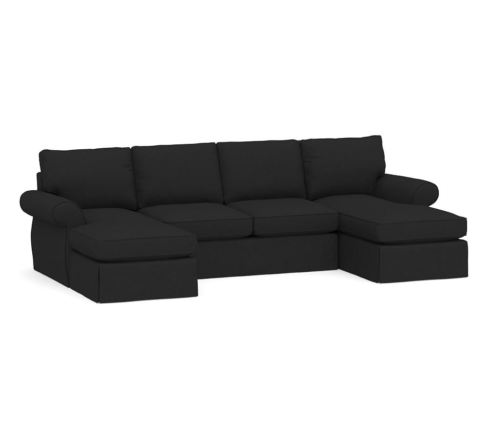 Pearce Roll Arm Slipcovered U-Chaise Loveseat Sectional, Down Blend Wrapped Cushions, Textured Basketweave Black - Image 0