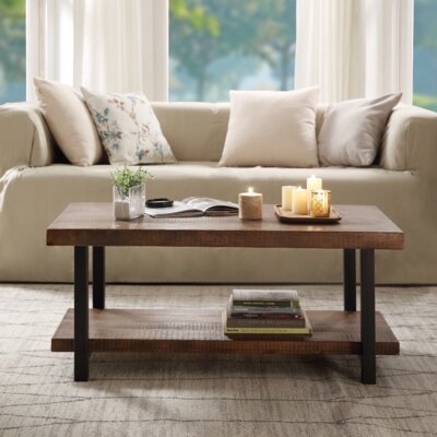 Natural Wood Idustrial Coffee Table With Open Shelf For Living Room - Image 0