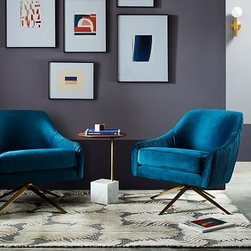 Roar &amp; Rabbit Swivel Chair, Poly, Yarn Dyed Linen Weave, Regal Blue, Antique Brass - Image 4