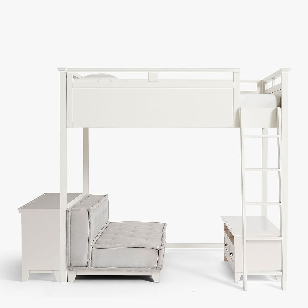 Hampton Loft Bed Set, Bookcase, Media, Faux Suede Light Gray Cushy Loveseat, Full, Simply White - Image 0