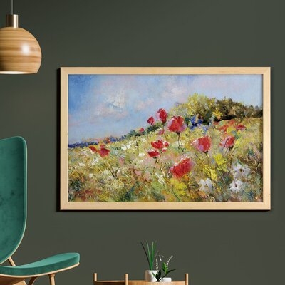 Ambesonne Oil Painting Wall Art With Frame, Red Poppy Flower And White Marguerites Field On Summer Meadow, Printed Fabric Poster For Bathroom Living Room Dorms, 35" X 23", Olive Green And Azure Blue - Image 0