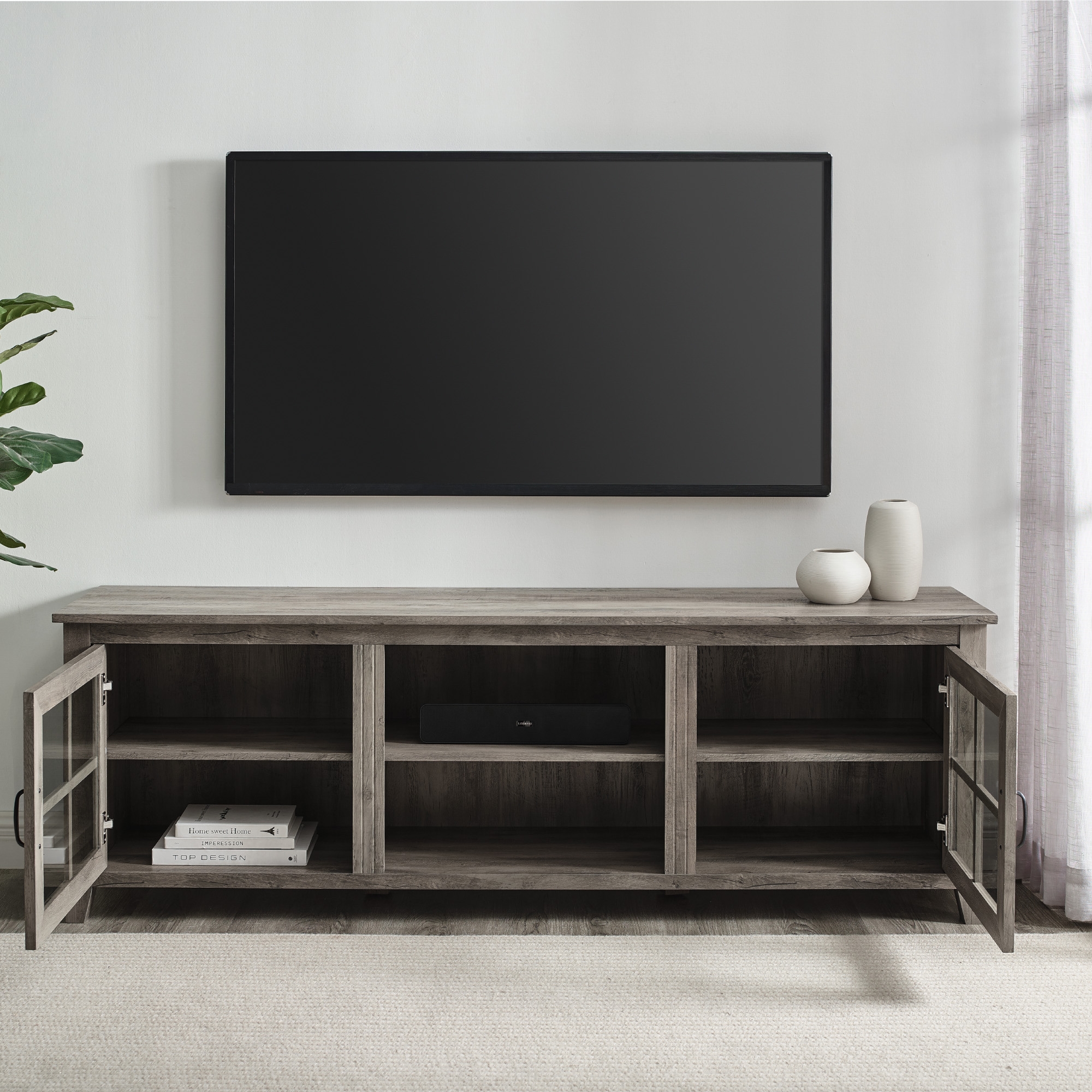 70" Farmhouse Simple Window Pane 2 Door Wood TV Stand - Grey Wash  - Image 6