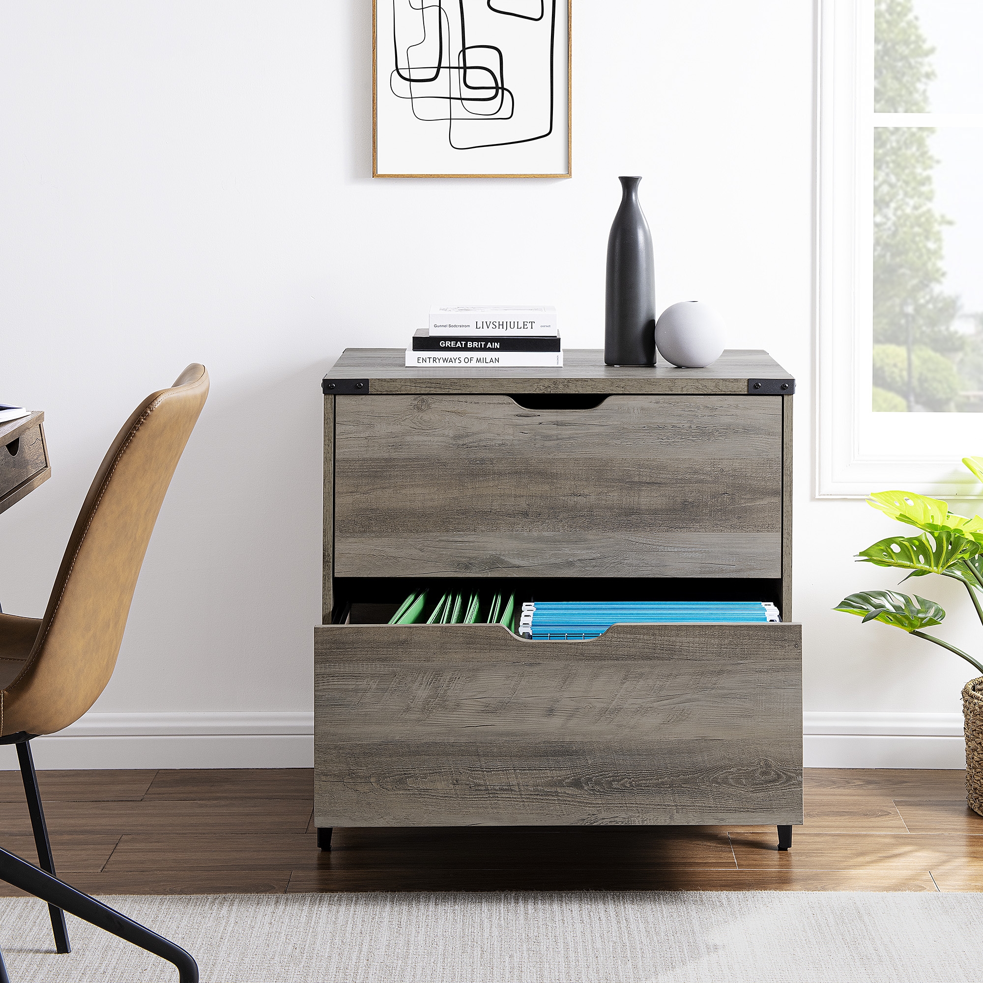 Modern Farmhouse Angle Iron 2-Drawer Filing Cabinet – Grey Wash  - Image 6