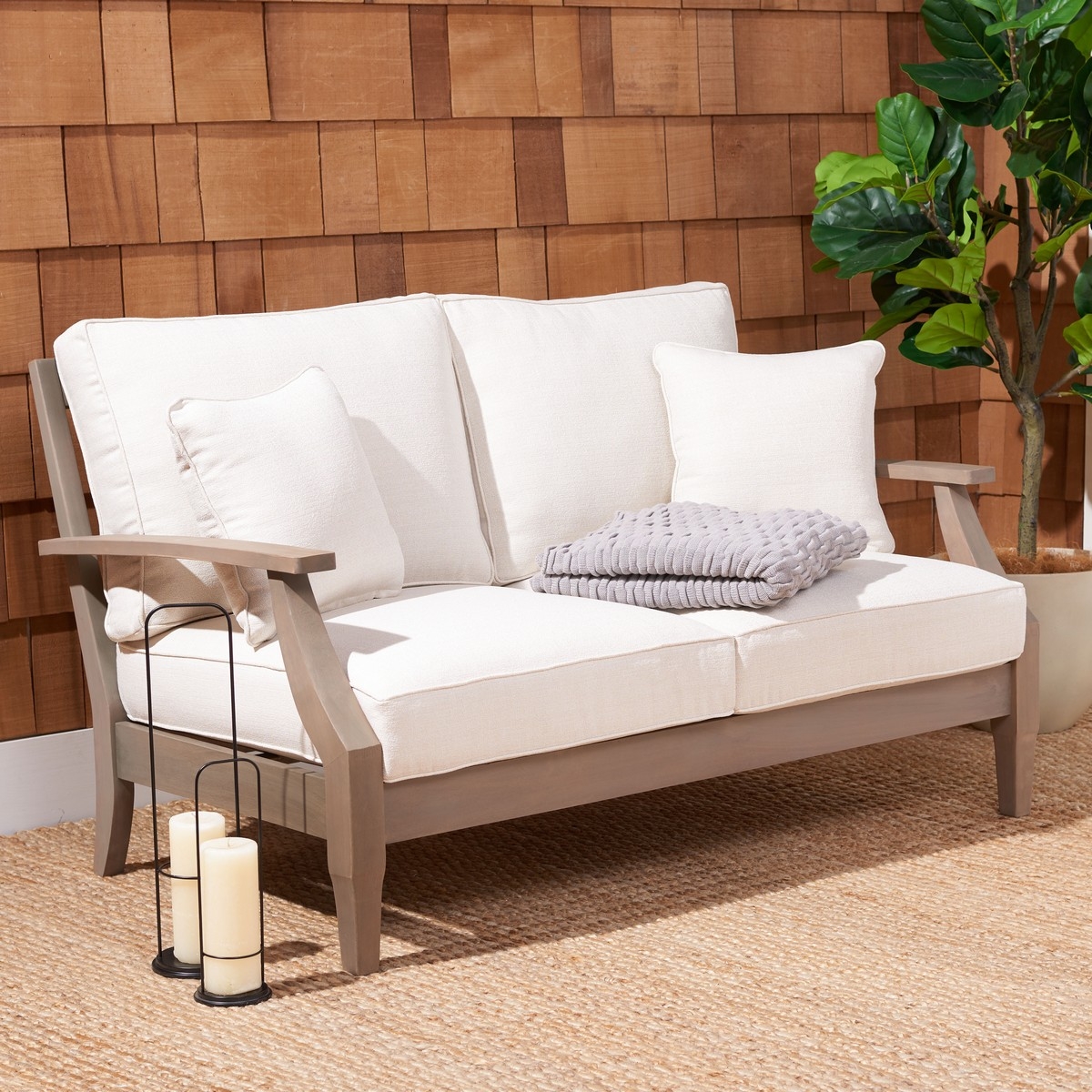 Martinique Wood Patio Loveseat - Light Grey / Beige - Safavieh - Image 1