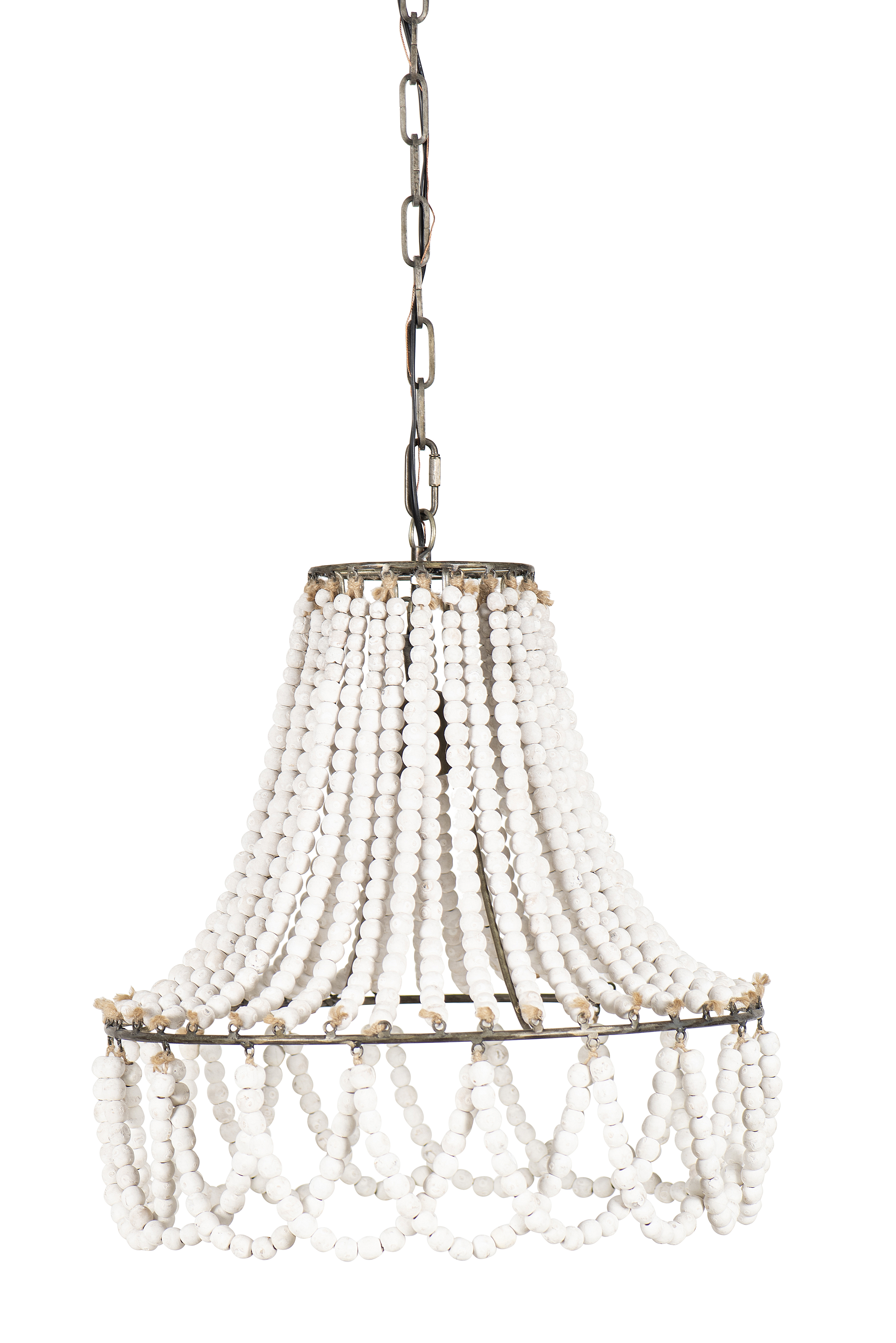 White Wood Beaded Pendant Light with Metal Frame - Image 0