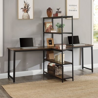 Home Office Two Person Computer Desk With Shelves, Extra Large Double Workstations Office Desk With Storage Shelves (Brown) - Image 0