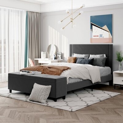 Queen Size Storage Bed Upholstered Platform Bed With A Cushioned Ottoman - Dark Gray - Image 0