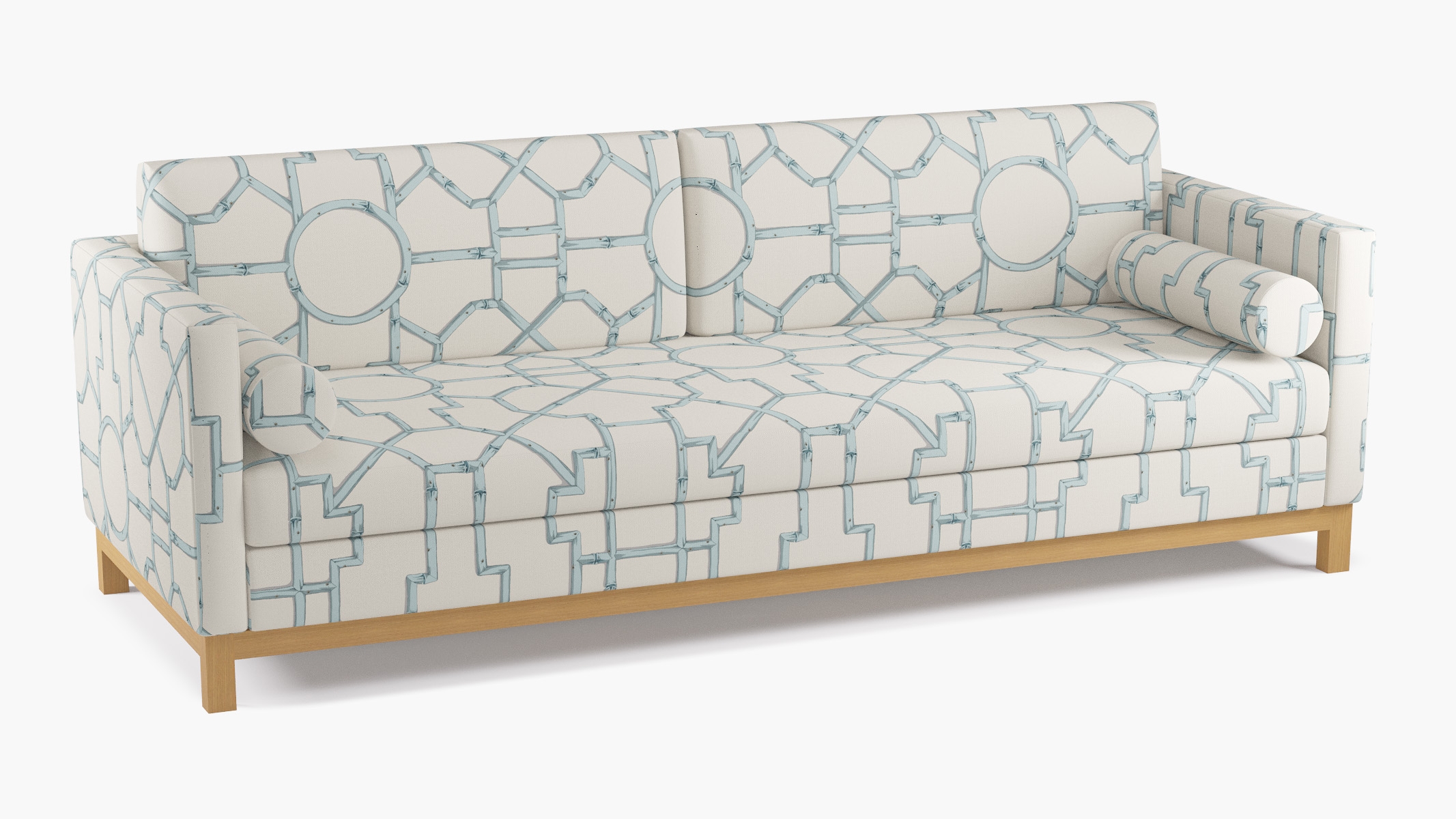 Tailored Tuxedo Sofa, Blue Baldwin Bamboo, Natural Wood Rail - Image 1