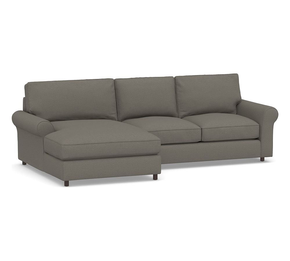 PB Comfort Roll Arm Upholstered Right Arm Loveseat with Wide Chaise Sectional, Box Edge Memory Foam Cushions, Chunky Basketweave Metal - Image 0