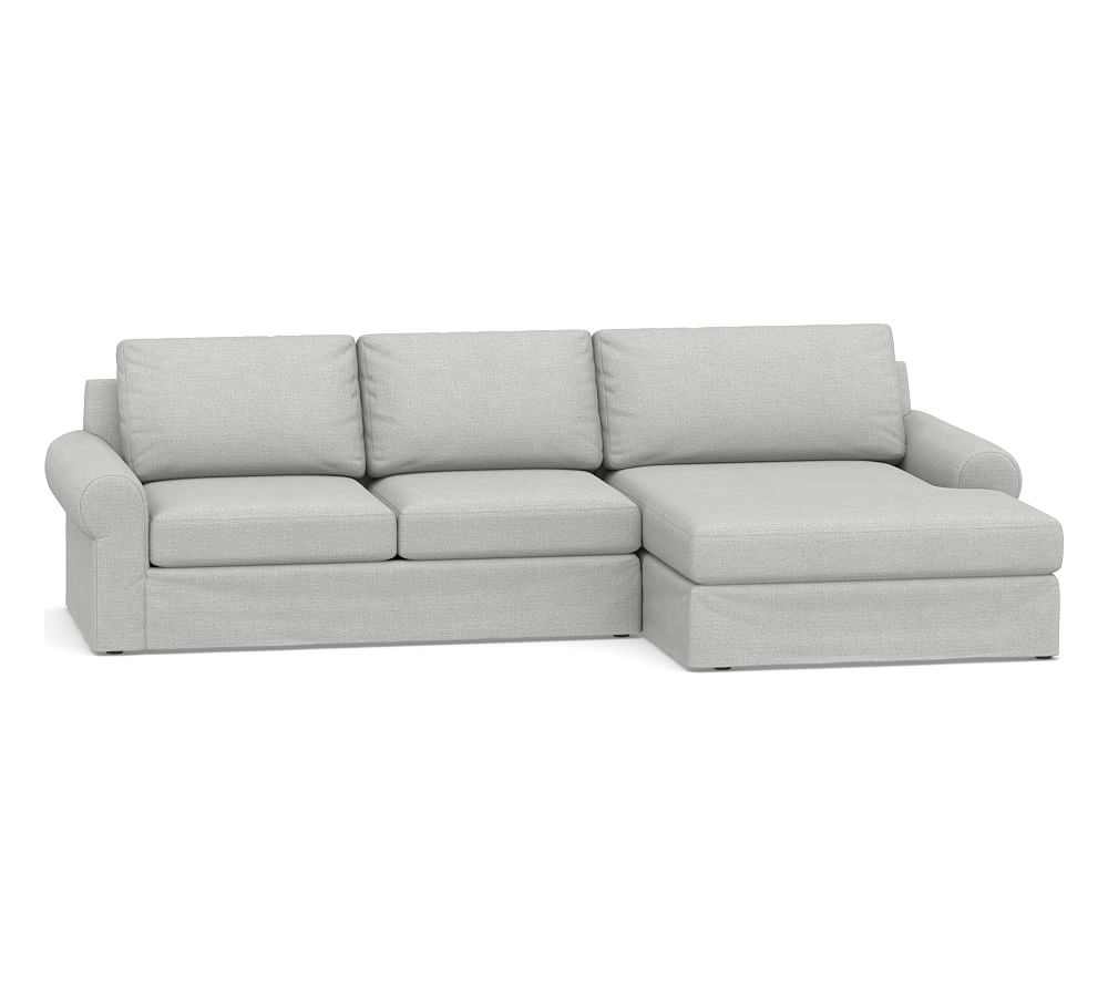 Big Sur Roll Arm Slipcovered Left Arm Loveseat with Double Chaise Sectional, Down Blend Wrapped Cushions, Basketweave Slub Ash - Image 0