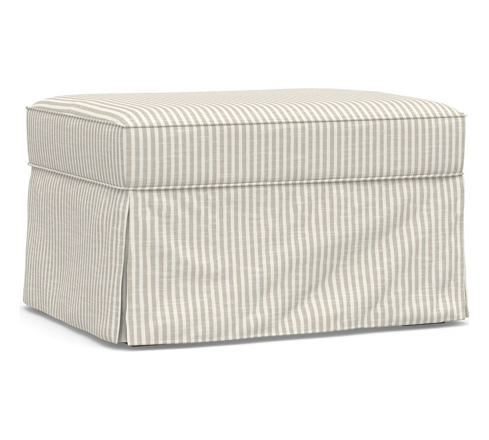 PB English Upholstered Ottoman, Polyester Wrapped Cushions, Classic Stripe Oatmeal - Image 0