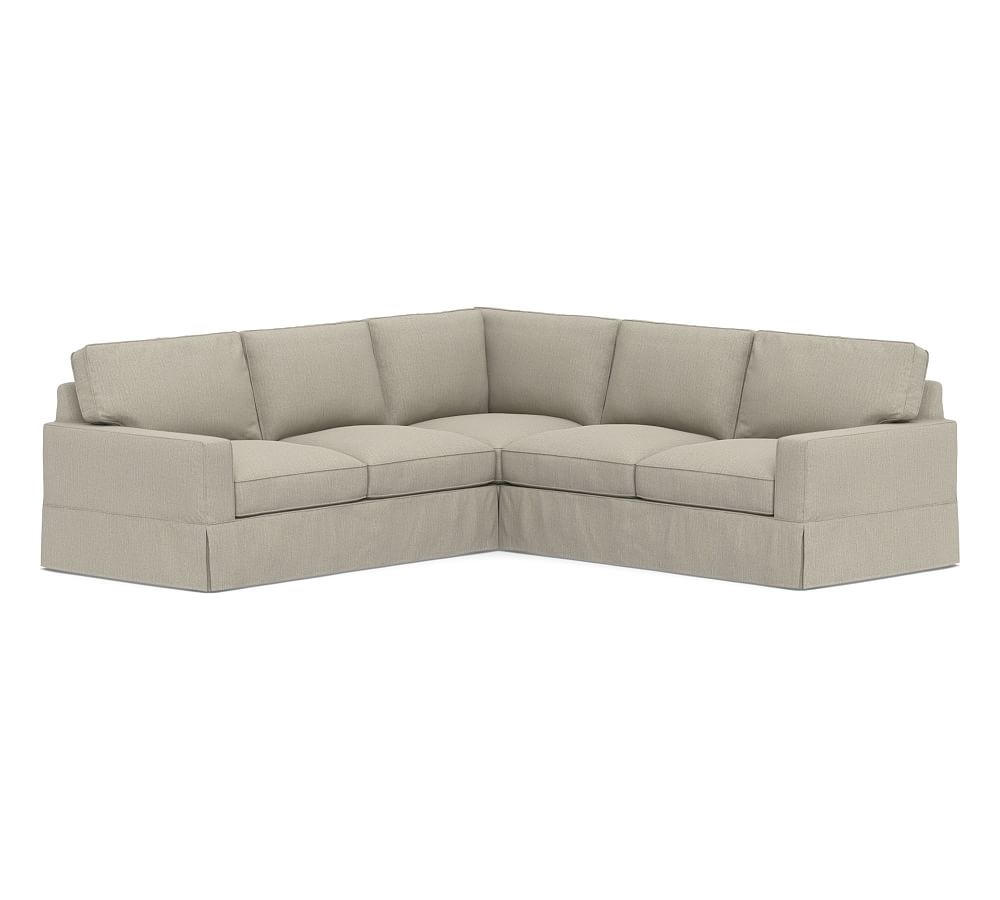 PB Comfort Square Arm Slipcovered 3-Piece L-Shaped Corner Sectional, Box Edge, Down Blend Wrapped Cushions, Chenille Basketweave Pebble - Image 0