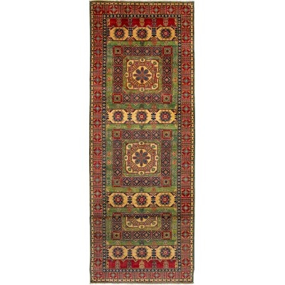 One-of-a-Kind Isak Hand-Knotted 2010s Uzbek Gazni Green/Red 5'1" x 19'6" Runner Wool Area Rug - Image 0