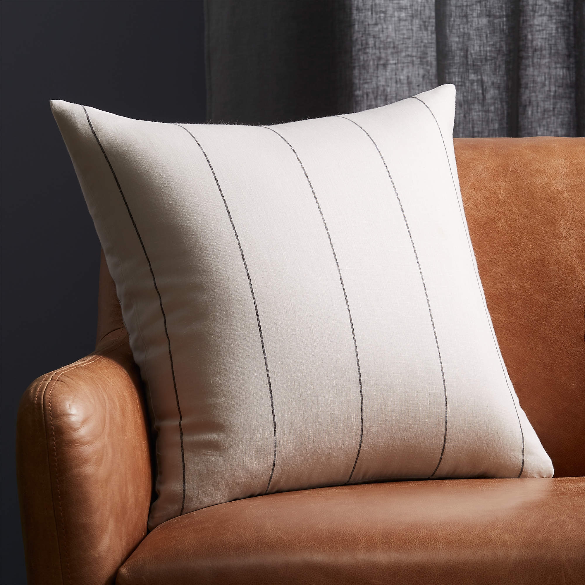 Pinstripe Linen Pillow, Down-Alternative Insert, White, 20" x 20" - Image 1