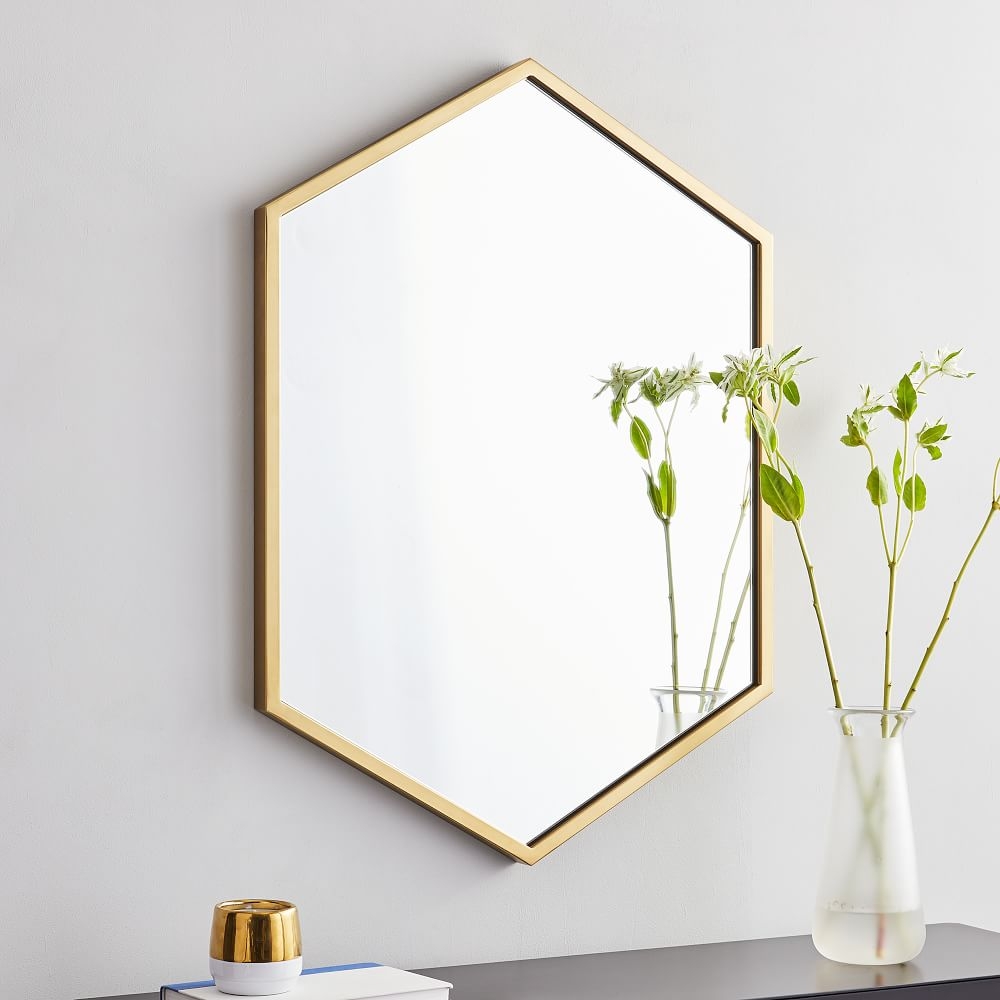Metal Framed Hexagon Mirror, Antique Brass - Image 0