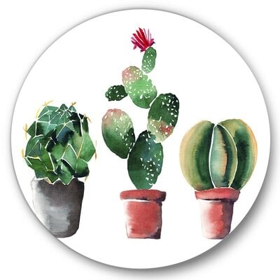 Three Cactus In Clay Pots - Botanical Metal Circle Wall Art - Image 0