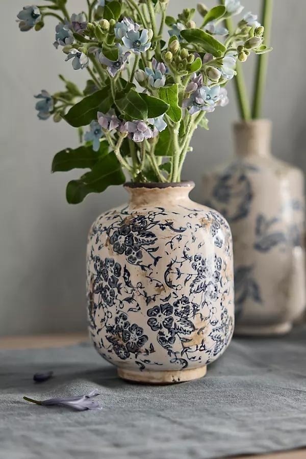 Blue Floral Ceramic Vase, Round - Image 0