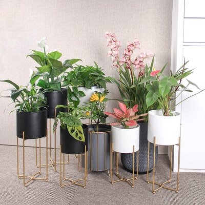 Floor Standing Planter With Gold Metal Plant Stand, 6pcs Mid Century Modern Planters For Indoor Plants - Foldable Stand With Black And White Pot - Image 0