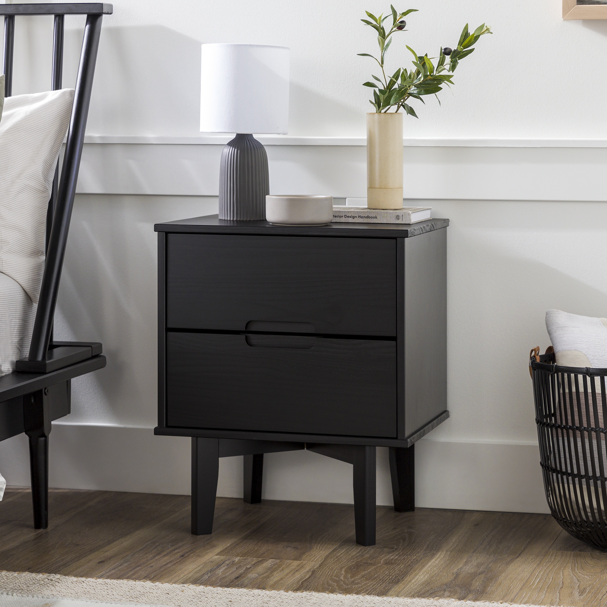 2-Drawer Groove Handle Solid Wood Nightstand – Black - Image 0