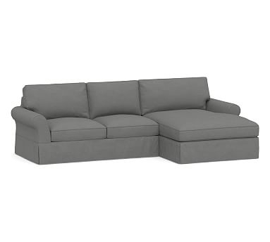 PB Comfort Square Arm Slipcovered Left Arm Loveseat with Wide Chaise Sectional, Box Edge, Memory Foam Cushions, Basketweave Slub Charcoal - Image 0