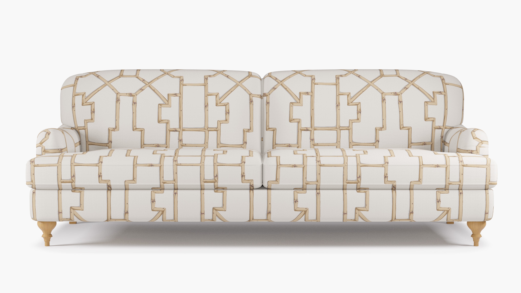 English Roll Arm Sofa, Tan Baldwin Bamboo, Natural Turned Wood Leg - Image 0