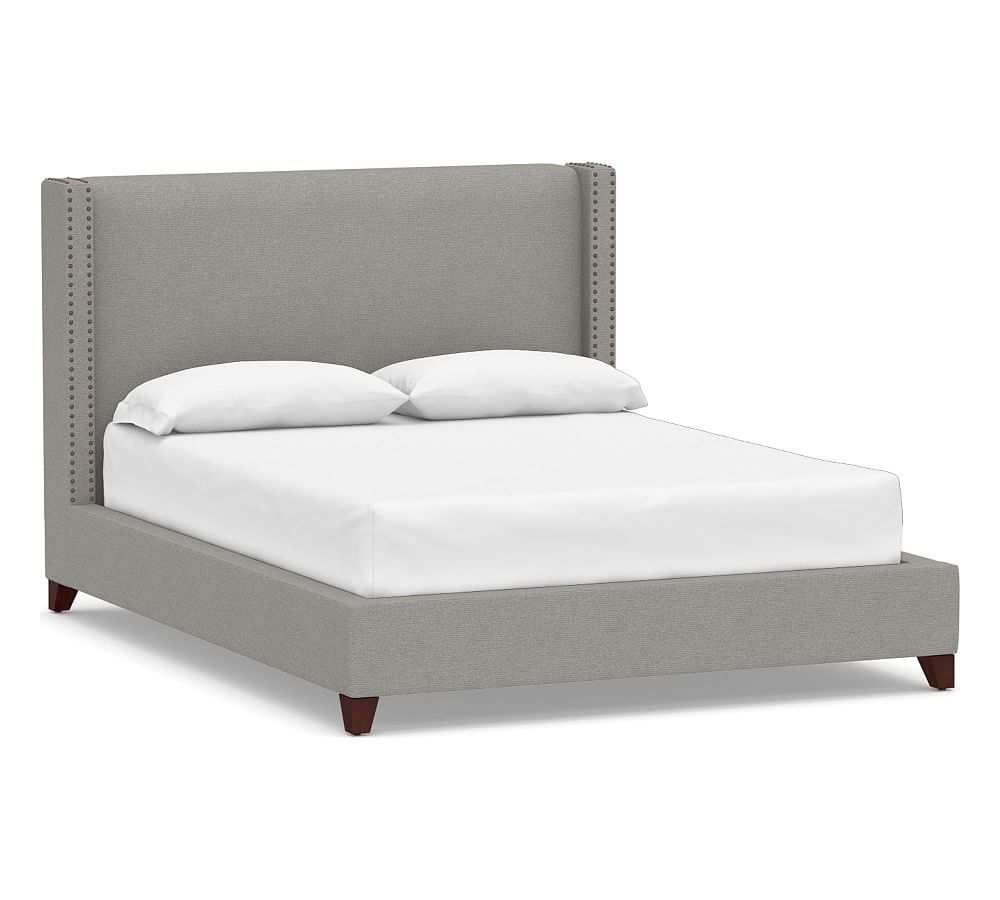 Harper Non-Tufted Upholstered Low Bed with Bronze Nailheads, Full, Performance Heathered Basketweave Platinum - Image 0