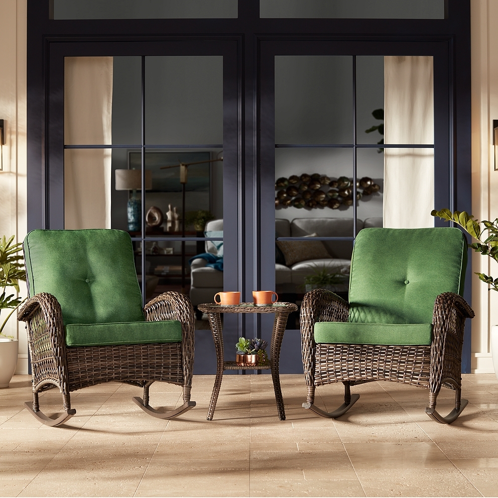 Madden 3 Piece Green and Rattan Outdoor Rocking Chair Set With Coffee Table - Image 0