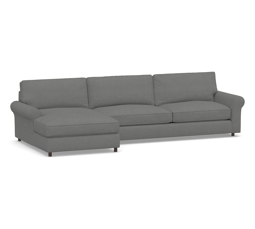 PB Comfort Roll Arm Upholstered Right Arm Sofa with Wide Chaise Sectional, Box Edge Down Blend Wrapped Cushions, Basketweave Slub Charcoal - Image 0