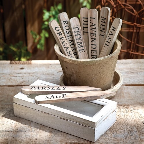 Wooden Herb Plant Stakes in Wooden Box, Set of 9 - Image 0